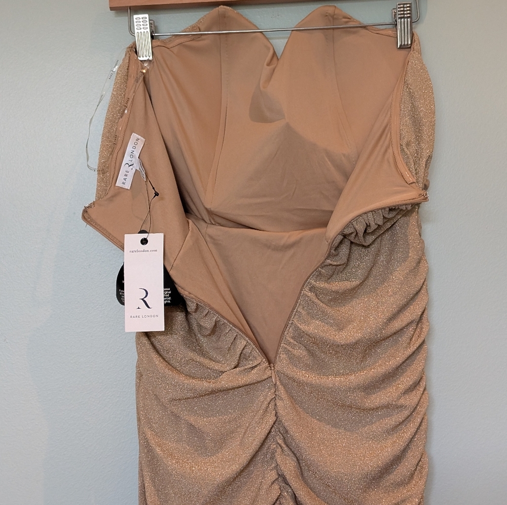New! Rare London Drape Wrap Strapless Midi Pencil Dress in Gold Glitter - Picture 6 of 9